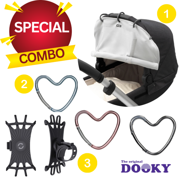 Super Combo : Dooky Original - Сенник с UPF50+ Grey + Стойка за телефон Black + Кука за количка Dooky Original