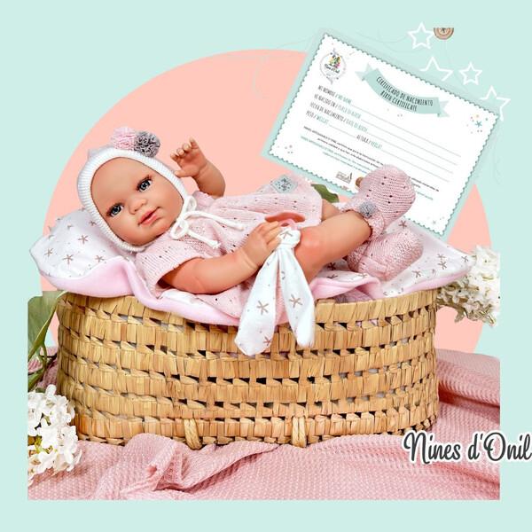 Ръчно изработена кукла от Испания - Reborn Baby Doll - Реалистично бебе с одеяло, шапка и аксесоари в розов цвят