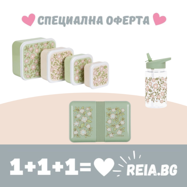 ОФЕРТА: A Little Lovely Company: Бутилка за вода от Tritan 450ml и комплект от 4 бр кутии за храна и кутия за храна с ластик - Blossom Sage