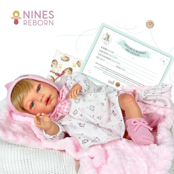 Ръчно изработена кукла от Испания - Reborn Baby Doll - Реалистично бебе с одеяло, шапка и аксесоари в розов цвят