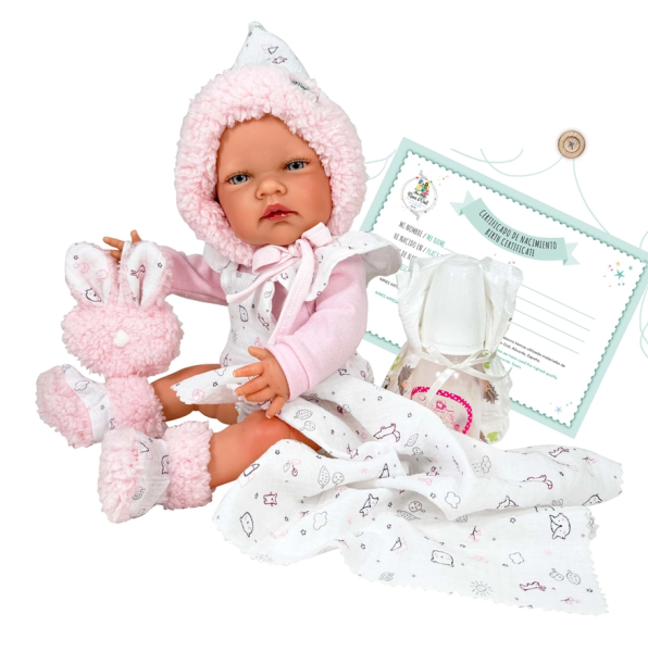 Ръчно изработена кукла от Испания - Reborn Baby Doll - Реалистично бебе Руби с пухкава шапка и много аксесоари