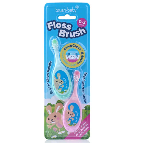 Brush-Baby: 2в1 Четка за зъби FlossBrush и гризалка - 0-3 години (2бр. в опаковка) в розово и тюркоаз