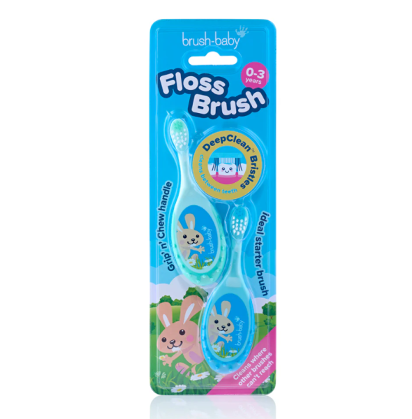 Brush-Baby: 2в1 Четка за зъби FlossBrush и гризалка - 0-3 години (2бр. в опаковка) в тюркоаз и синьо